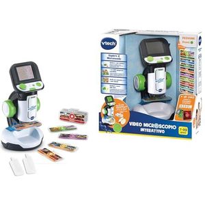 VTech Interactieve videomicroscoop, digitale kindermicroscoop met originele video, 2,4-inch scherm, 200-voudige zoom, 9 geïllustreerde glazen, microSD-sleuf, Italiaanse taal, batterijen inbegrepen,