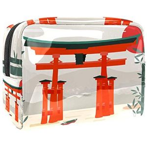 Draagbare Make-up Tas met Rits Reizen Toilettas voor Vrouwen Handige Opslag Cosmetische Pouch Vintage Japan Torii Bamboe Zonsondergang