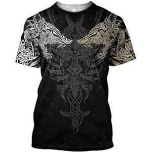 3D-geprint Odin Fenrir T-shirt – Unisex Klassiek Harajuku Nordic Viking Wolf Rune Tattoo Casual Losse Korte Mouw – Zomer Vegvisir Pagan Sports Korte Mouw (Color : Fenrir B, Size : 3XL)