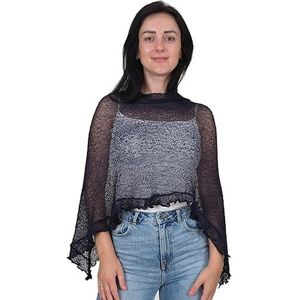 Mimosa Dames Plain Stretch Kant Visnet Bali Gehaakte Batwing Franje Kleine Poncho, marineblauw, one size