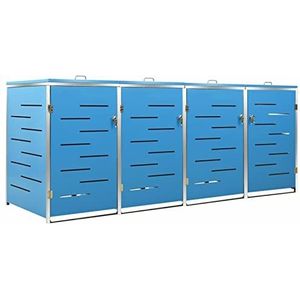 Gecheer Afvalcontainerafdekking, viervoudig, roestvrij staal, blauw, voor tuin, outdoor, 276,5 x 77,5 x 112,5 cm, afvalcontainerafdekking voor buiten, afvalcontainerafdekking van staal