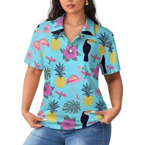 Toekan en flamingo ananas dames poloshirts met korte mouwen casual T-shirts met kraag golfshirts sport blouses tops 3XL