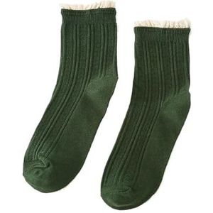 YIJIANUO Nieuwe Lacework Ruches Sokken Effen Katoen Ademend Harajuku Vintage Streetwear Crew Sok Japanse Kawaii Leuke Vrouwen Sokken, Donkergroen, 34