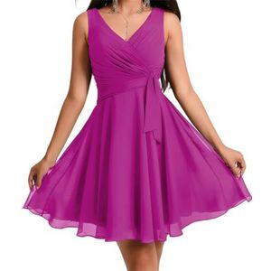 WSEYU Chiffon bruidsmeisjesjurk voor dames, met riem, galajurken, plooien, cocktailjurk, grote maten, Fuchsia, 32