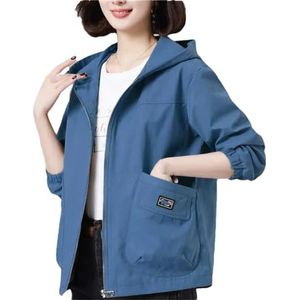 Dvbfufv Dames lente herfst jassen vrouwen losse lange mouwen capuchon korte windjack jas, Blauw, XL