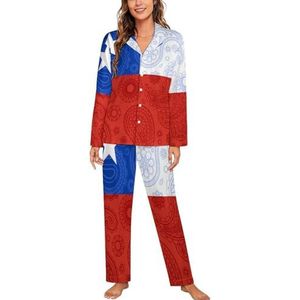 Chileense paisley vlag dames lange mouw button down nachtkleding zachte nachtkleding lounge pyjama set L