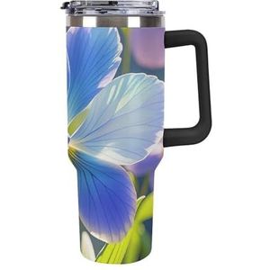 RTFGHJS 40 oz Tumbler Blauw Bloemen Geïsoleerde Tumbler Reizen Koffiemok met Rietjesdeksel Roestvrijstalen Waterfles Vacuüm Geïsoleerde Tumbler voor Sport Werk Auto Reizen Weekends
