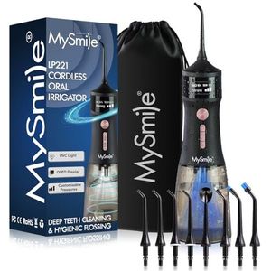 MySmile LP221 UVC steriliseerbare draadloze waterflossers voor tanden, 335 ml, draagbaar OLED-display, tandflosser met 4 modi, 8 straalpunten en een opbergzakje voor thuis en op reis