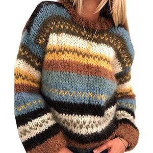 RWXXDSN Herfst en Winter Mode Dames Regenboog Trui Ronde Hals Gestreept Casual Warme Gebreide Trui Dames, Kaki, S