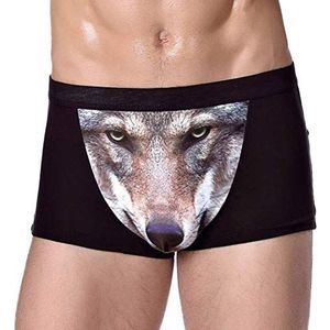 Heren 3D wolf hoofd dier print ondergoed boxer slips stretch modal onderbroek maat L (zwart)