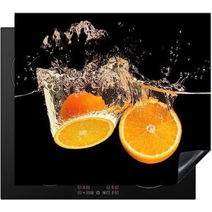 KitchenYeah© Inductie Beschermer 60x52 cm Keuken Decoratie Kookplaat Beschermer voor Inductiekookplaat Afdekplaat Anti Slip Mat - Sinaasappel - Stilleven - Water - Zwart - Fruit