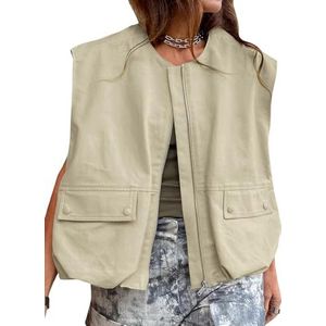 Oversized cargovestjassen voor dames, casual mouwloze losse volledige ritssluiting ruches zoom jassen vest tops, A-kaki, L