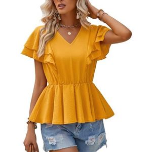 2024 Vrouwen Ruche Korte Mouw Tuniek Tops Klassieke V-hals Effen Kleur Loose Fit T-shirts Geplooide Zoom Leuke Blouses (Color : Yellow, Size : L)