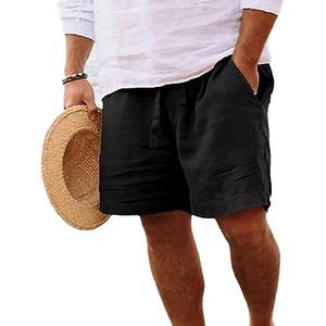 Men's Cotton Linen Drawstring Beach Shorts,Mens Cotton Linen Shorts Casual Summer Drawstring Shorts Loose Fit Solid Color Elastic Waist (3XL,Black)