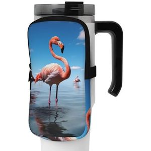 OUSIKA Flock of Pink Flamingo's on The Beach Print Waterfles Pouch Tumbler Pouch Bag Handheld Sport Drinkfles Accessoires Tas Rits Pouch Riemtas voor Mannen Vrouwen, Zwart, S