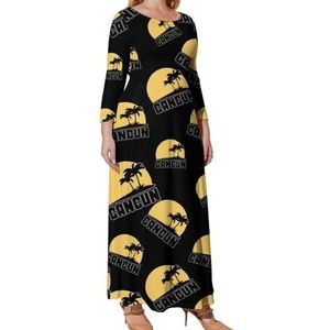 Cancun Mexico Zonsondergang Palmbomen Grafische Plus Size Jurk Voor Vrouwen Casual Lange Mouw Maxi Jurken