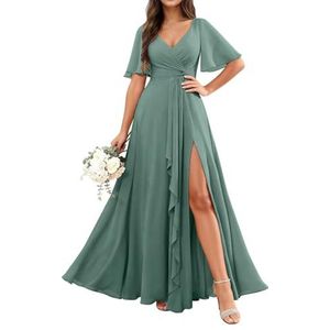 KURFACE Chiffon bruidsmeisjesjurken met mouwen split ruches lange bruidsmeisje formele avondjurk, Eucalyptus, 32