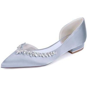 KYEGLO Satijnen Platte Damesschoenen Met Gesloten Neus - Puntige Instapschoenen Voor Bruidsmeisjes Met Strass-Steentjes Voor Feestjes, Bruiloften En Cadeaus Voor Vrouwen,Zilver,36 EU