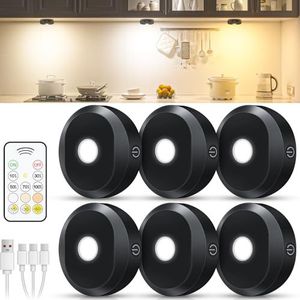 WILLED Keukenverlichting Draadloos,Oplaadbare Puck Lights met Afstandsbediening,LED Spot met Timer,3 Kleuren, voor Keuken,Kast,Plank，6-Pack