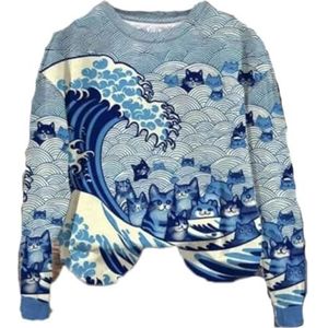 Blauwe golven met kattenprint lange mouwen hoodie heren grappige sweatshirt patriottische shirts for vrouwen(Round Neck,XX-Large)