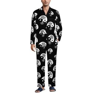 Tree of Life Yin Yang pyjamaset voor heren, tweedelige pyjamaset met knopen, nachtkleding met lange mouwen, top en broek, loungewear