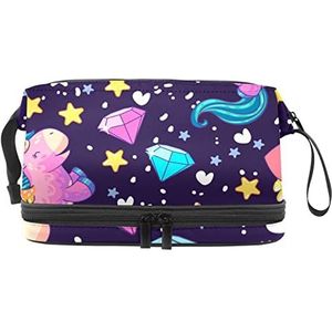 Dubbele Laag Cosmetische Tas Leuke Eenhoorn Baby Dimond Liefde Sterren Draagbare Make-up Tas Reizen Organizer Pouch voor Vrouwen Meisjes Toiletartikelen Tassen, Meerkleurig, 27x15x14 cm/10.6x5.9x5.5 in, Make-up zakje
