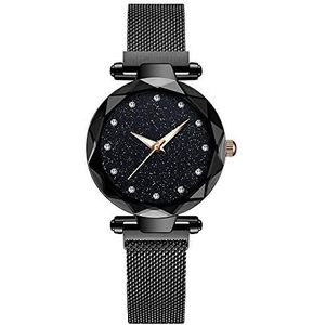 Sterrenhemel vrouwen horloges Magnetic Star Diamond Klok Op Hand Ladies Steel Mesh Belt wrap armband kwarts polshorloge (Color : Black)