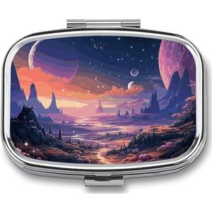 Reizen Pil Organizer Draagbare Pillendoos met 2 Compartiment Kleurrijke Retro Ruimte Thema Pil Case met Spiegel Kleine Pillenhouder Dagelijkse Pillencontainer Decoratieve Vitamine Organizer