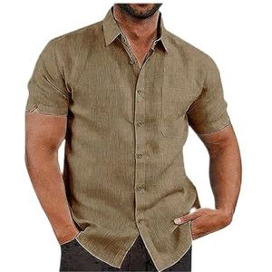 Katoenen Linnen Herenoverhemd, Korte Mouwen, Normale Pasvorm, Strand-casual Overhemd, Zomeroverhemden Met Zak(Brown,4XL)