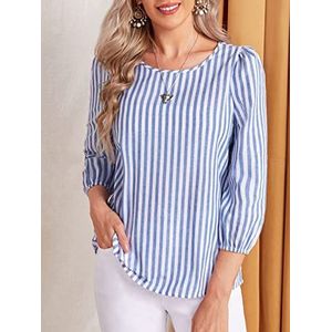 dames topjes Striped Print Round Neck Blouse (Color : Blue and White, Size : L)