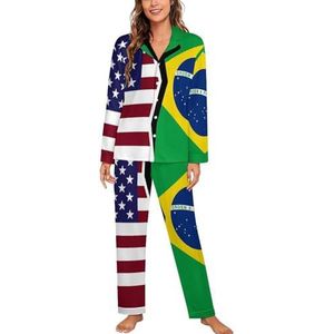 Amerikaanse En Braziliaanse Vlag Lange Mouw Pyjama Sets Voor Vrouwen Klassieke Nachtkleding Nachtkleding Zachte Pjs Lounge Sets