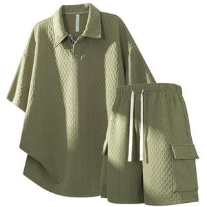 Anybird Heren Gebreid Polo Shirt En Shorts Set Jacquard Korte Mouw Zomerpak Casual Trainingspak,Groen,3XL