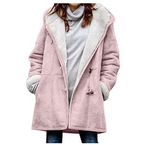 Winter Pluche Hoodie Dames Losse Warme Jassen Voor Vrouwen met Zakken Dames Casual Katoen Gewatteerde Jas Plus Size Effen Kleur Blouse Womens Hoorn Knopen Bukle Up Revers Kraag Jas, roze, 5XL