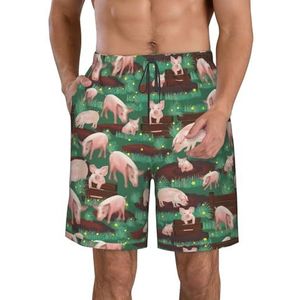 PHTZEZFC Pigs in Farm Print strandshorts voor heren, lichtgewicht, sneldrogend trekkoord zwembroek met zakken, Wit, L