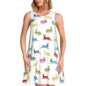 CKGODGF Konijnen in verschillende poses, springende print, charmante damesjurk zonder mouwen, knielengte jurk met zakken voor feestjes en vakanties, Zwart, S