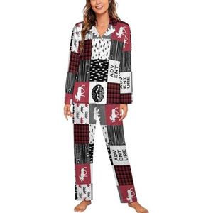 Happy Camper Bear And Moose Lumberjack Dames Lange Mouw Button Down Nachtkleding Zachte Nachtkleding Lounge Pyjama Set L