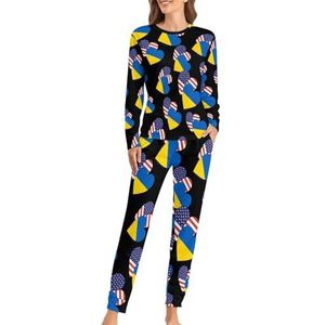 Oekraïense Amerikaanse hart vlag zachte dames pyjama lange mouw warme pasvorm pyjama loungewear sets met zakken XL