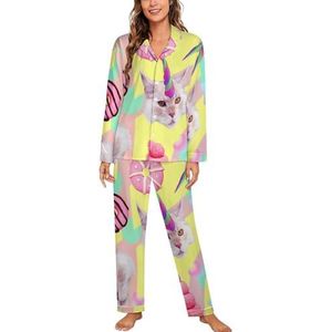 Eenhoorn Kat Pyjama Sets met Lange Mouwen voor Vrouwen Klassieke Nachtkleding Nachtkleding Zachte Pjs Lounge Sets