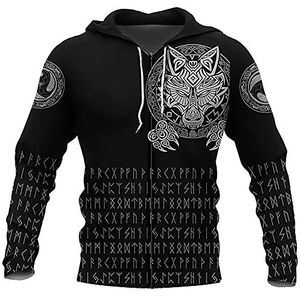 Nordic Runic Mens Viking Full Zip Hoodie, 3D Print Odin Wolf Hoofd Tatoeages Jas Sweatshirt, Vintage Groot Formaat Hoodie Pullover Lichtgewicht Kleding