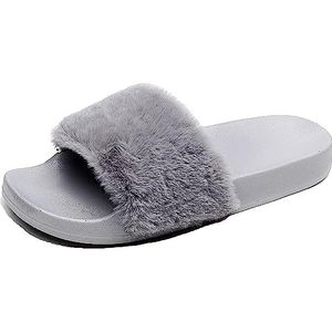 APIKA Slippers voor vrouwen Nepbont Slipper Fuzzy Fluffy Comfy sliders Open teen Slip on (37 EU, Grijs)