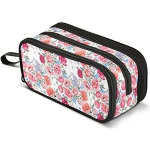 CHIFIGNO Grote Capaciteit Rode En Roze Zomer Bloemen Etui Rits Potlood Tas Pouch Houder Doos Cosmetische Make-up Tas Reistassen voor Meisje Jongen Business Office