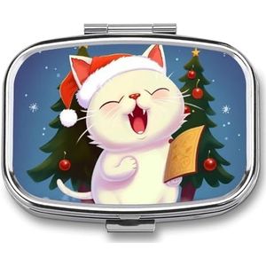 Pillendoos 2 compartimenten medicijnpillendoosje schattige kat zingen kerstliederen draagbare pillendoos voor zak of portemonnee pillendoos decoratieve metalen medicijnen vitamine organizer uniek