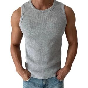 GKEIOSHQIL Heren Mouwloze Ronde Hals Gebreide Tanktop Effen Geribbelde Zomer Workout Muscle T Shirts,Grijs,L