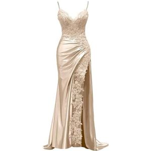 KIYNE Dames kanten applicatie satijnen baljurk met split spaghettibandjes V-hals zeemeermin formele feestjurk, Champagne, 32