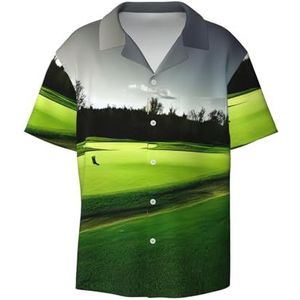 EdWal Groene Golfbaan Print Heren Korte Mouw Button Down Shirts Casual Losse Fit Zomer Strand Shirts Heren Jurk Shirts, Zwart, M