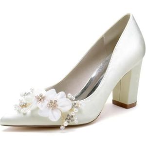 EICOFF Vrouwen Hoge Hoge Hakken Schoenen Gesloten Toe Bruiloft Bruids Pumps Dames Kristal Bloem Trouwschoenen Satijn Slip On Jurk Party Sandalen,ivoor,35 EU