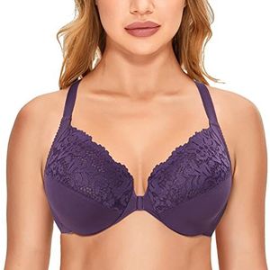 DELIMIRA Women's Front Closure Plus Size Full Coverage Lace Underwire Racerback Bra Diepe pruim 75D