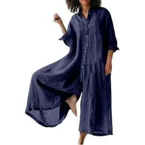 ZZLINZHEN Chique Comfort Katoen-Linnen Jumpsuit, Dames Casual Losse Linnen Korte Mouw Plus Size One Piece Jumpsuit, Donkerblauw, L