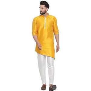 Lakkar Haveli Mannen Indiase traditionele Shirt Kurta Trail Cut Wedding Party Wear Big Tall Pyjama Pant Set Geel Zijde, Geel, L Groot Tall