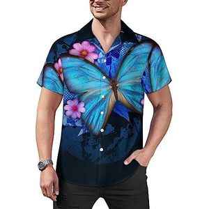 Blue Butterfly Flora casual overhemden met knopen voor heren, korte mouwen, Cubaanse kraag, T-shirts, tops, Hawaiiaans T-shirt, 4XL